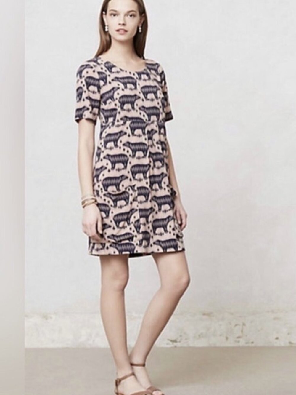 Anthropologie Maeve Zola Bear Animal Printed Pattern Dress size 12
